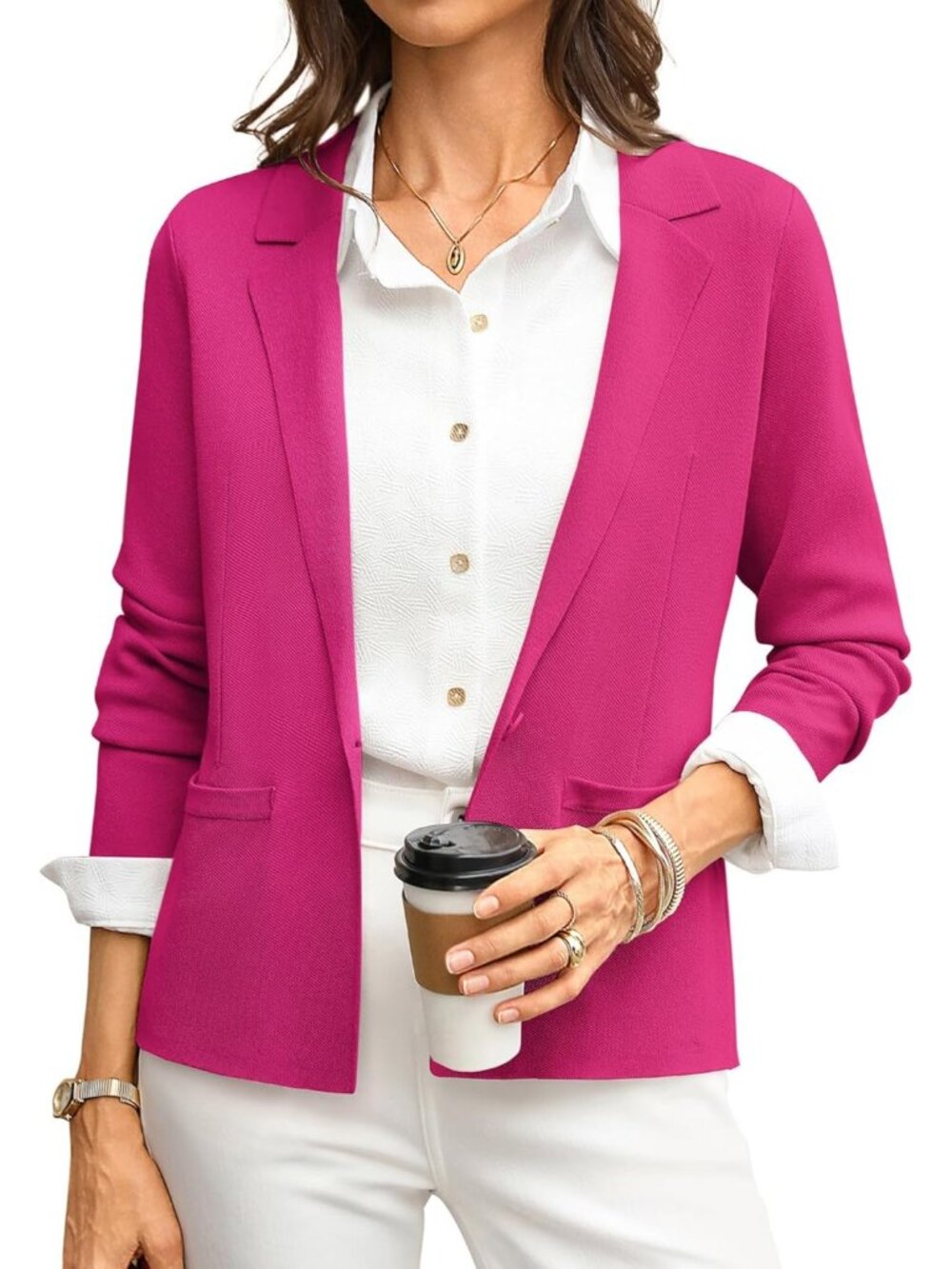 Women's Pink Sweater Blazer Business Casual Knit Suit Jackets With Long Sleeve